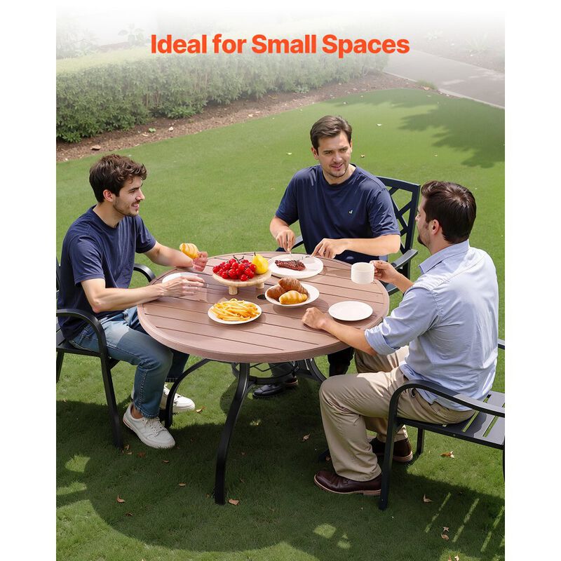 Outdoor Round Bistro Table, Wood-Look Steel Slat Patio Dining Table with Umbrella Hole image number 7