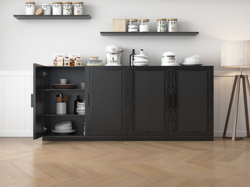 2-Piece Modern Minimalist Wicker Door Wood Grain Edge Cabinet, Multifunctional Storage with 3 Layers of Shelves image number 2
