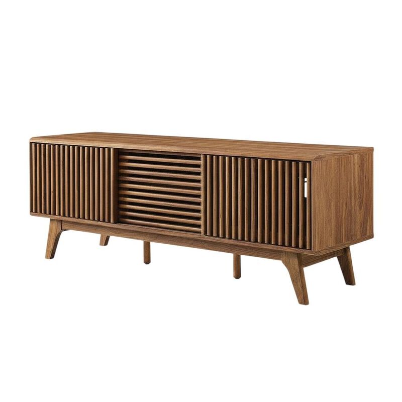 Brown wood TV stand with sleek design and versatile storage solution image number 0