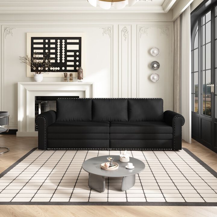 Gray King Size Sofa Bed Couch Pull Out Couch 3 In 1 Convertible Sleeper Sofa Bed Velvet Chesterfield Sofa With Nailhead Trim & Rolled Arm-Cuddlewood