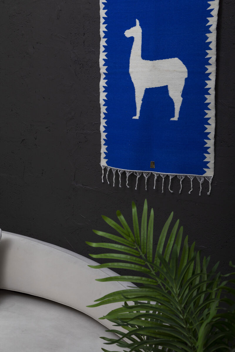 LLAMA Sheep Wool Handwoven Tapestry, Aged Bronze Wall Mount, Lapis Blue