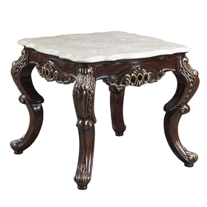 Ben 28 Inch Marble End Table, Scrolled Details, Cabriole Legs, Brown-Benzara
