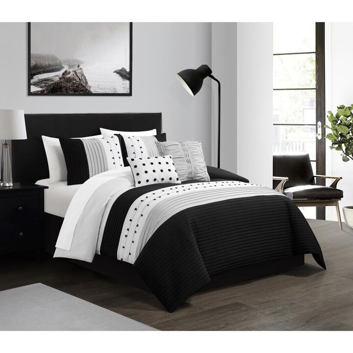 Chic Home Lainy Comforter Set Color Block Pleated Ribbed Embroidered Design Bed In A Bag Black, King