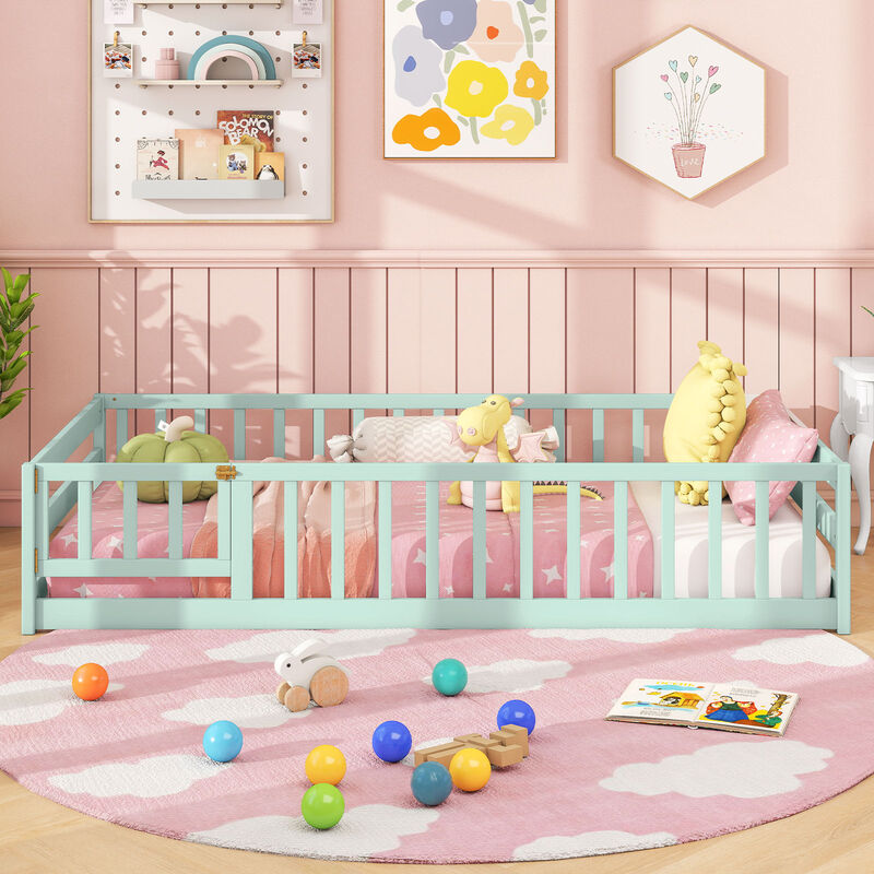 Twin Size Wood Montessori Floor Bed for Kids with Safety Fence and Door image number 3
