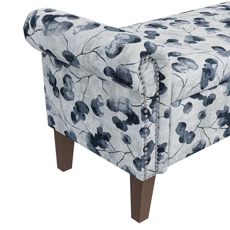 HL Home Furnishings Rolled Arm Storage Ottoman in Black Floral Bonsai