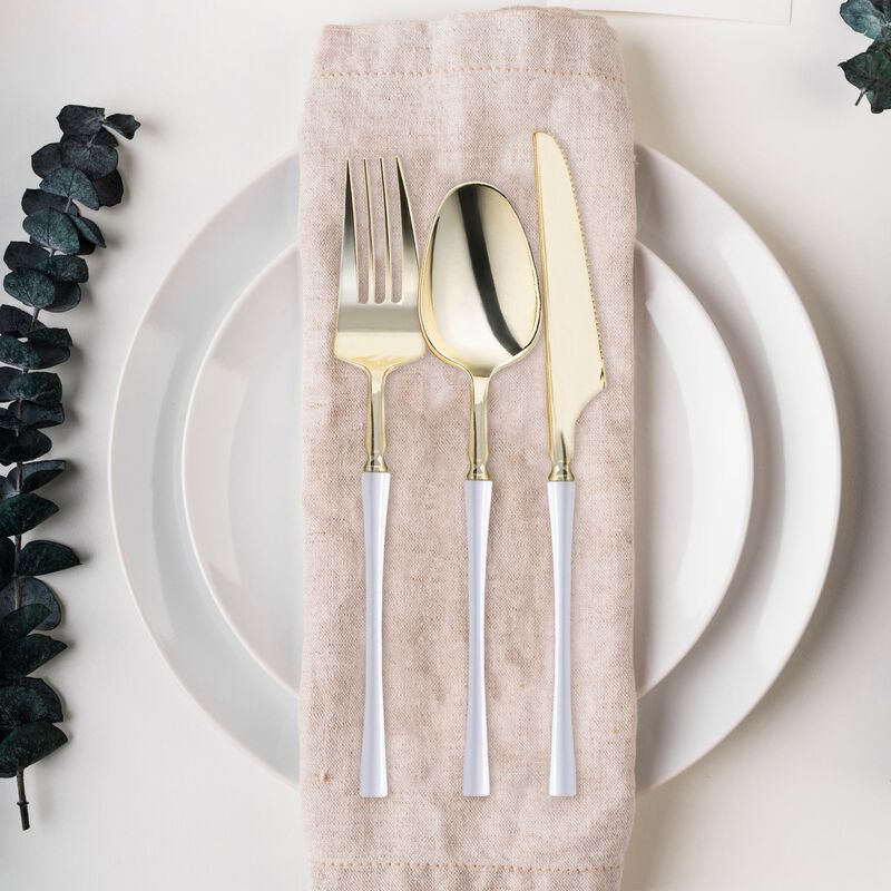Gold with White Handle Moderno Plastic Cutlery Set (240 Sets) image number 1