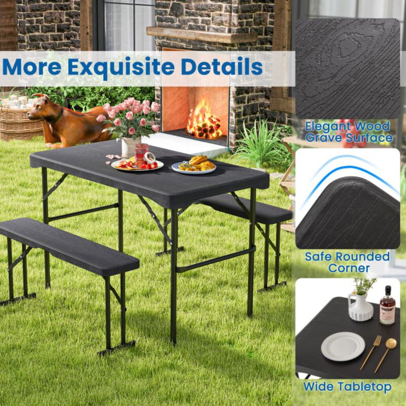 Hivvago Outdoor Folding Table Bench Set w All-Weather HDPE Tabletop and Sturdy Metal Frame