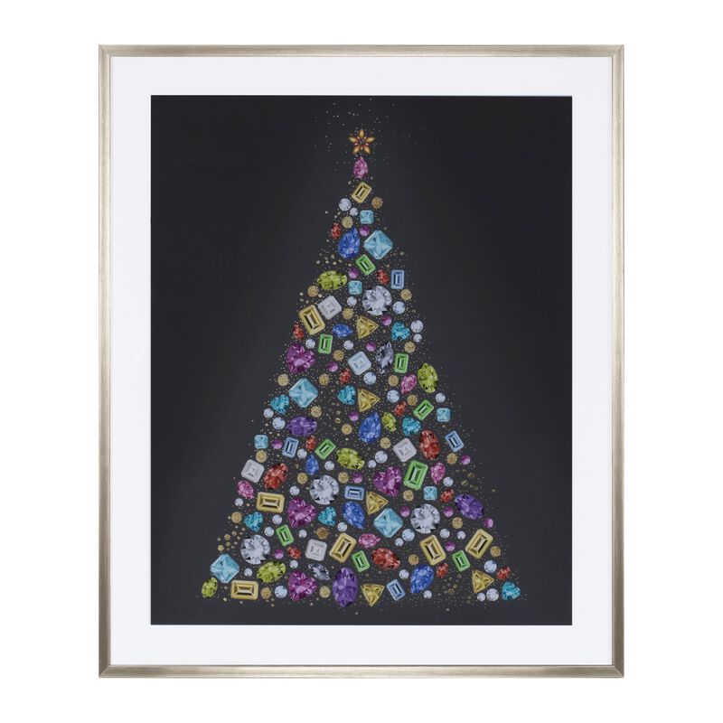 Framed Holiday Tree Print with Jewel Accents for Wall or Shelf Display