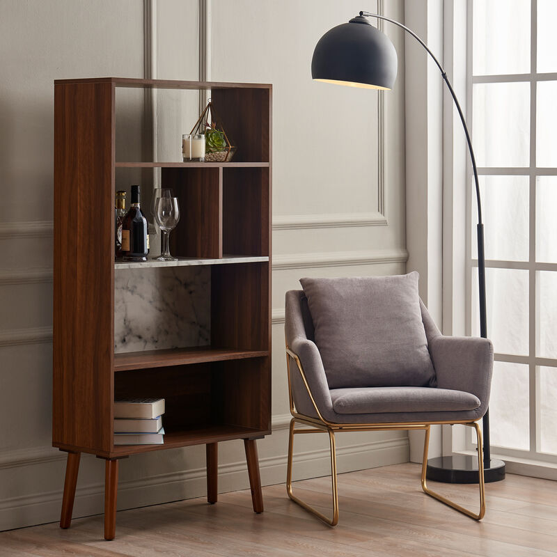 Kingston Bookcase with Faux Marble Shelf & Accents, White/Walnut image number 1
