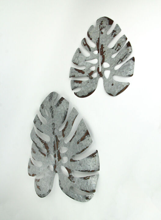 Set of 2 Galvanized Zinc Finish Metal Monstera Leaf Sculptures Wall Hangings