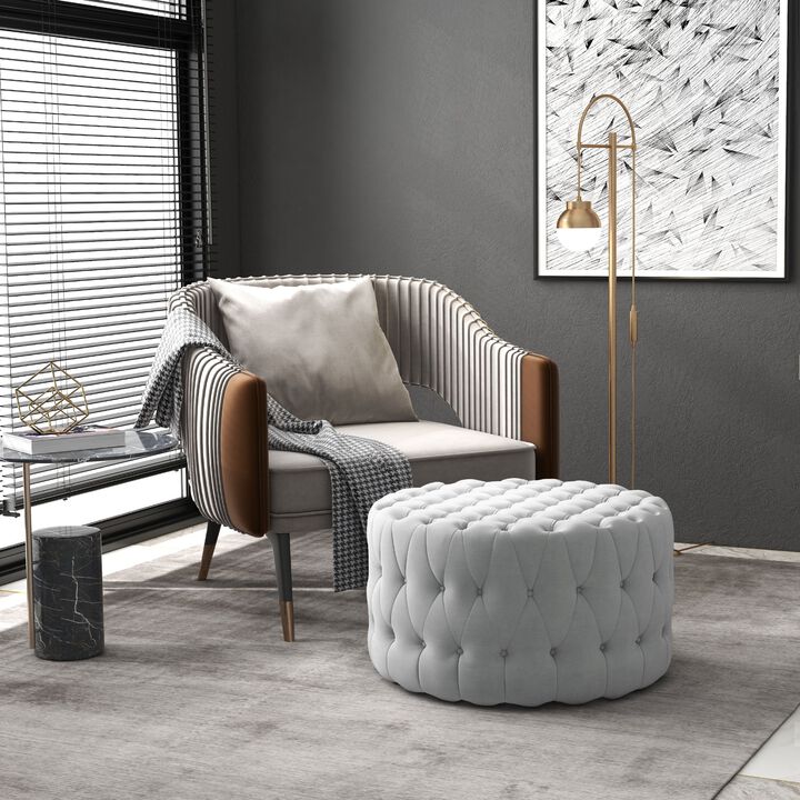 Gray Velvet-Feel Round Ottoman: Button Tufted, Padded Seat