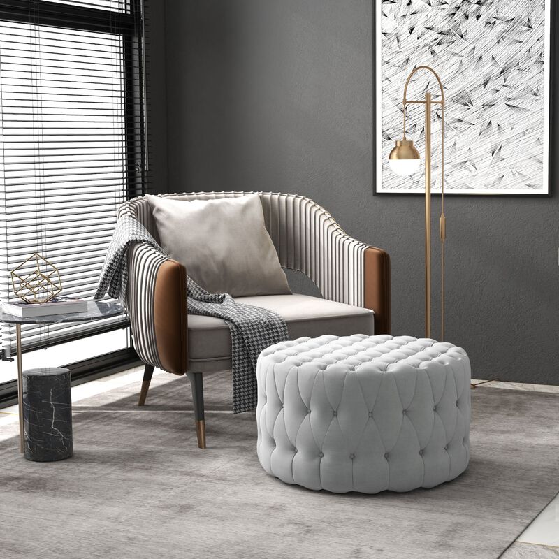 Gray Velvet-Feel Round Ottoman: Button Tufted, Padded Seat