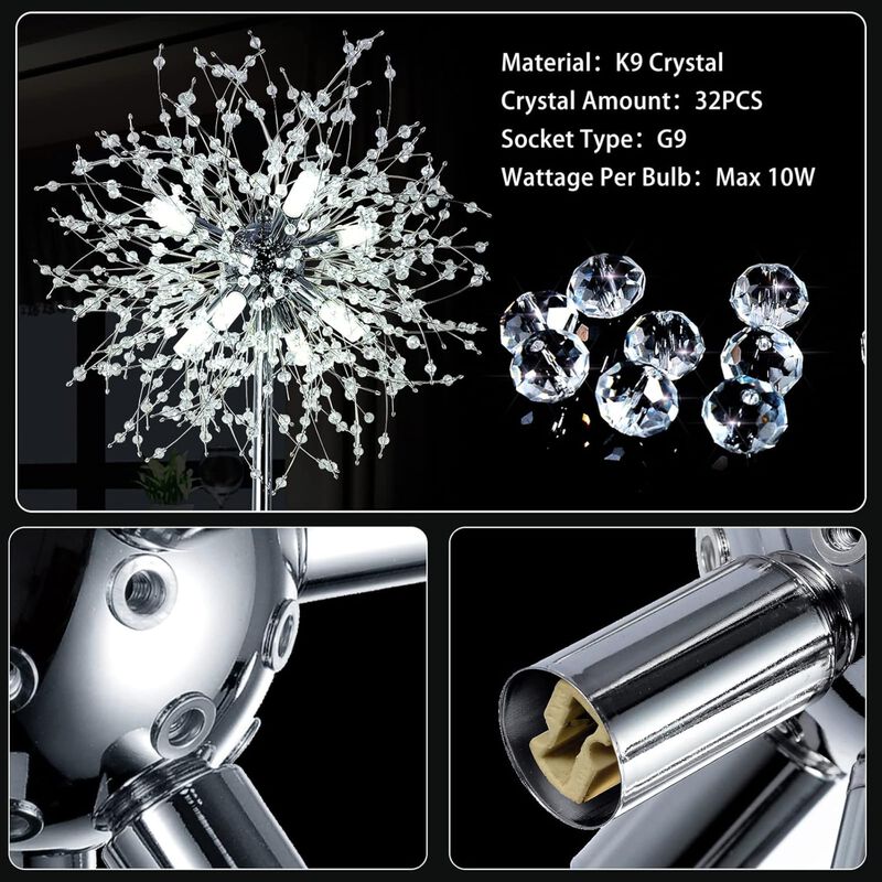 ELEMENT ACE Elegant 69 Inch Tall Crystal Standing Floor Lamp with 8 Lamp Heads, 32 Firework Crystal Accents, Sturdy Metal Base for Living Room Bedroom Home Decor image number 4
