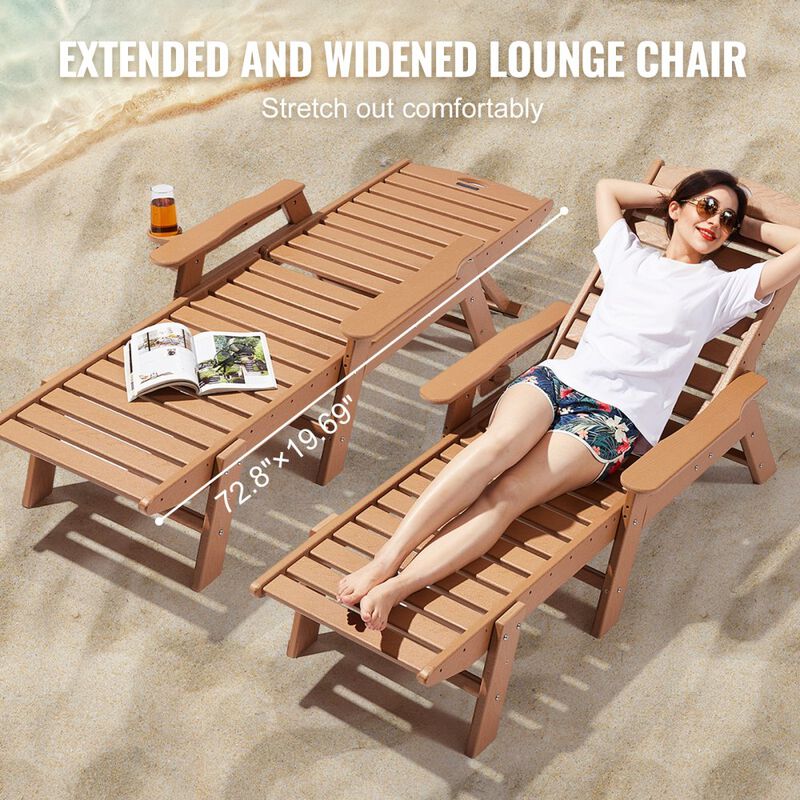 Outdoor Chaise Lounge Chair, 6-Position Adjustable HDPE Recliner with Cup Holder image number 4
