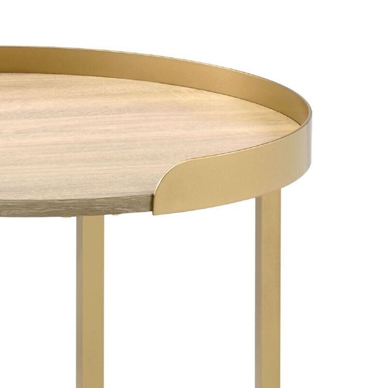 Kai 22 Inch Wood End Table, Round Tray Top, Metal Accent, Brown, Brass-Benzara