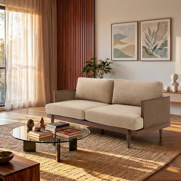 Merax Vintage Rattan Woven Fabric Sofa