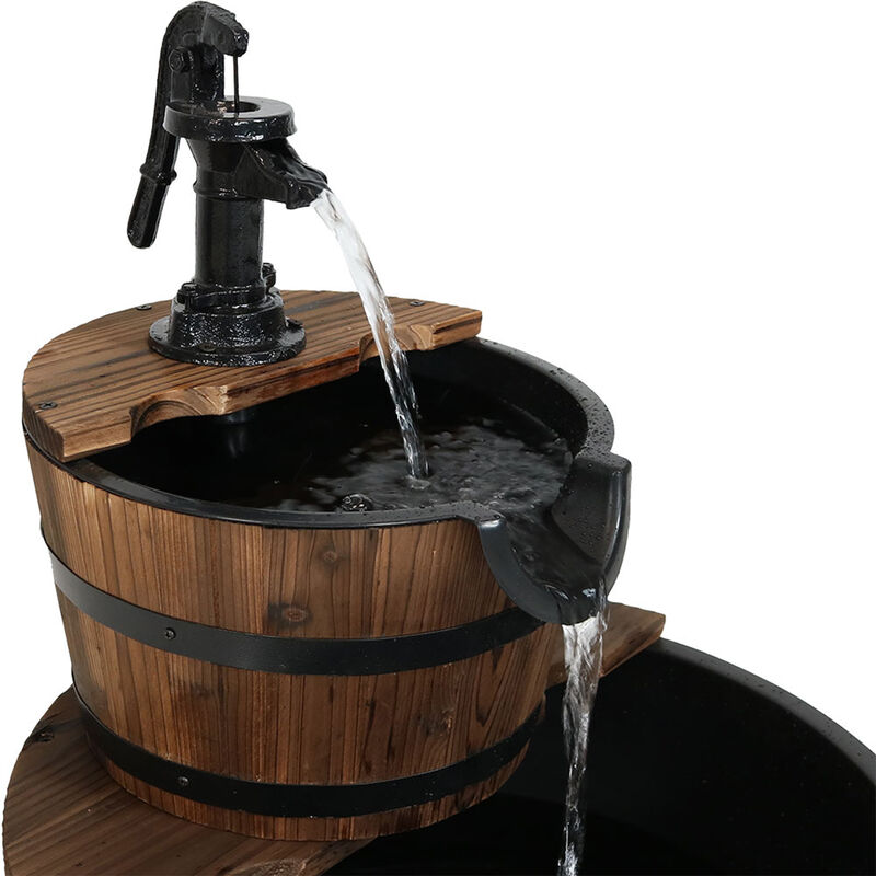 Sunnydaze Wooden Bowl/Barrel Water Fountain with Hand Pump/Liner - 23 in