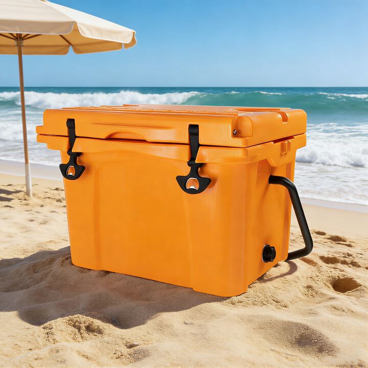 25QT Portable Insulated Hard Cooler, 5-7 Day Ice Retention with Bottle Opener, Cup Holder & Ruler, for Travel Beach Camping Fishing