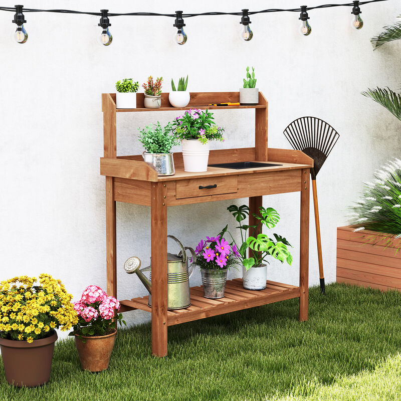 Outdoor Wooden Garden Work Table with Storage Shelves and Drawer for Potting Tasks