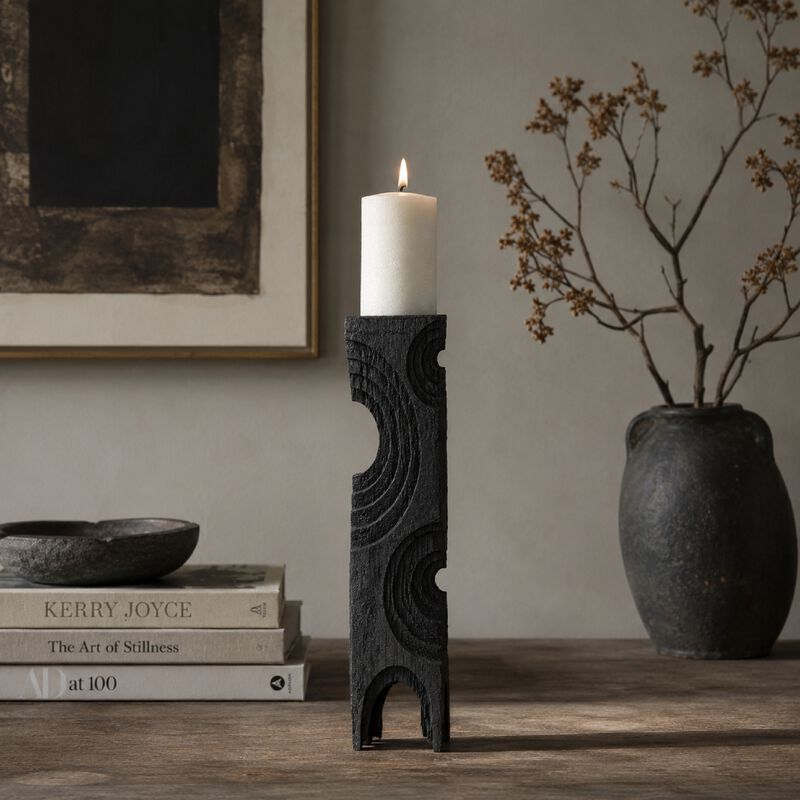 Tabletop Decor, Pillar Candle Stand, Geometric Cutouts, Black Resin 21 Inch image number 8