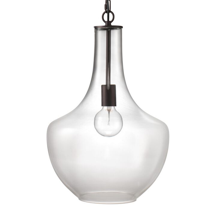 Pendant Light with Glass Pot Bellied Shape and Chain, Clear-Benzara