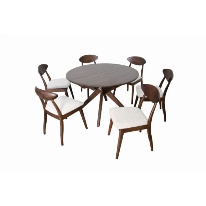 Mikie 7pc Extendable Dining Table Set, 6 Ivory Fabric Chairs, Brown