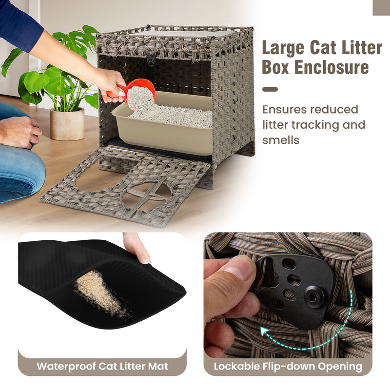 Rattan Cat Litter Box Enclosure, Foldable 2-Tier Design with Litter Mat-Grey image number 6
