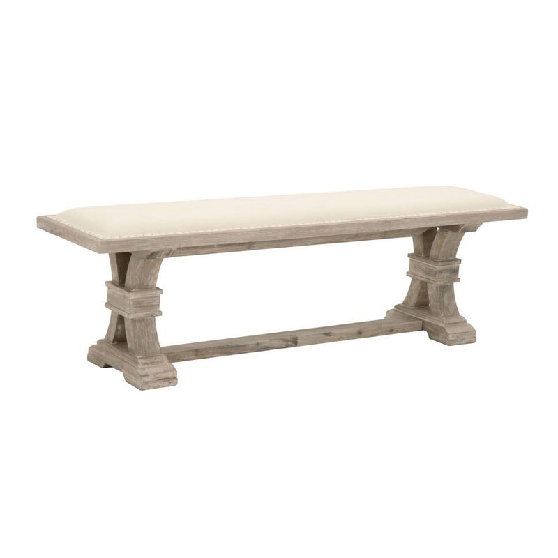 62 Inches Padded Dining Bench with Double Pedestal Base, Beige-Benzara