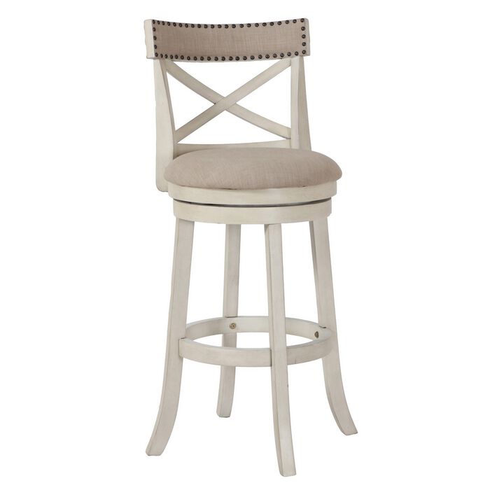 Curved X Shaped Back Swivel Barstool with Fabric Padded Seating, Antique White- Benzara