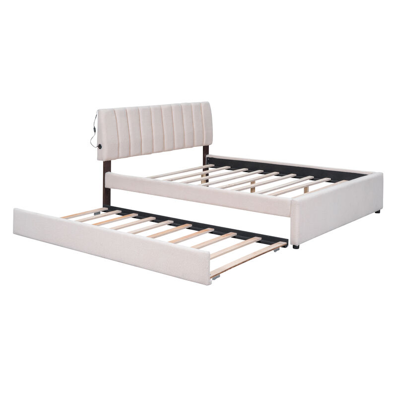 Merax Teddy Fleece Upholstered Platform Bed with Trundle