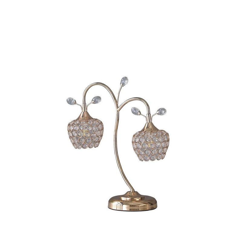 Floral Tree Design Metal Table Lamp with Dome Shade and Crystals, Gold - Benzara image number 6