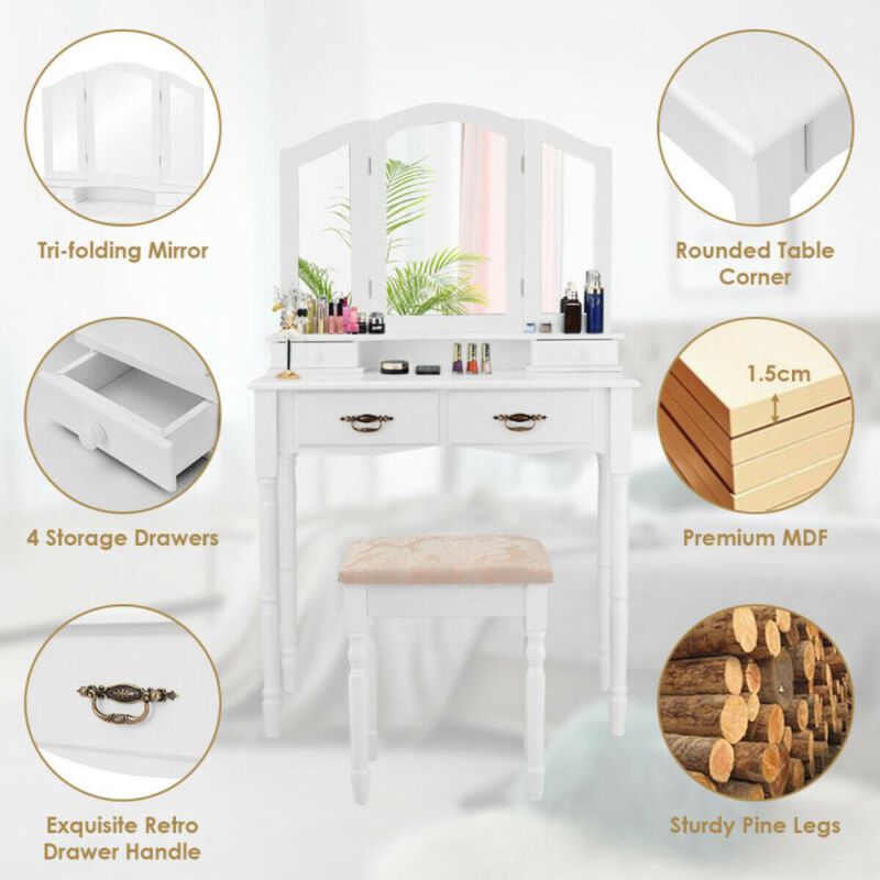 Hivvago Simple Vanity Set with Tri-Folding Mirror Drawers and Storage Shelf