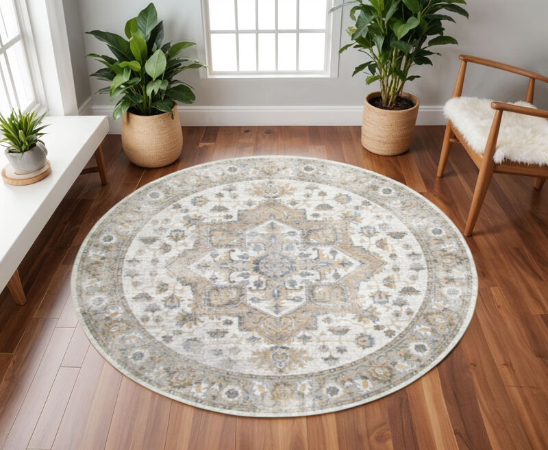 HomeRoots Floral Medallion Distressed Washable Round Rug image number 1