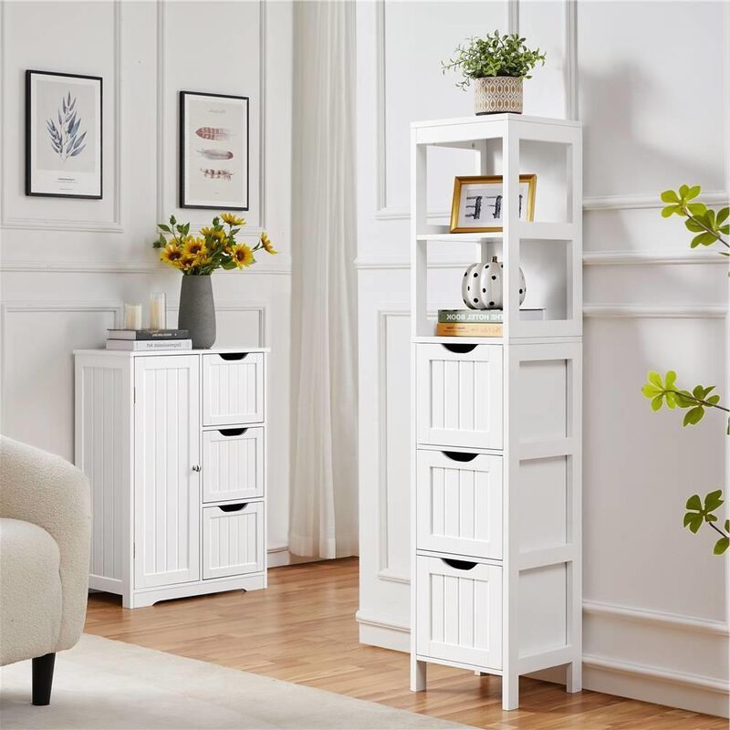 Hivvago Bathroom Cabinet Tower with 3 Storage Drawers and 2 Shelves in White Wood Finish
