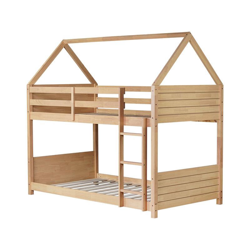 Whisen Twin Over Twin House Floor Bunk Bed with Headboards, Footboards, Guardrails and Ladder