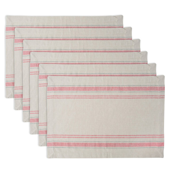 Set of 6 White and Tango Red French Stripe Rectangular Placemats 19" x 13"