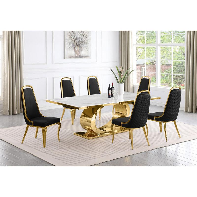 Best Quality Furniture 7pc Large (87) marble top dining set with gold base and 6 Black side chairs