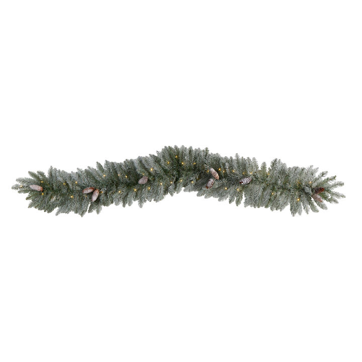 HomPlanti 6' Frosted Artificial Christmas Garland with Pinecones and 50 Warm White LED Lights