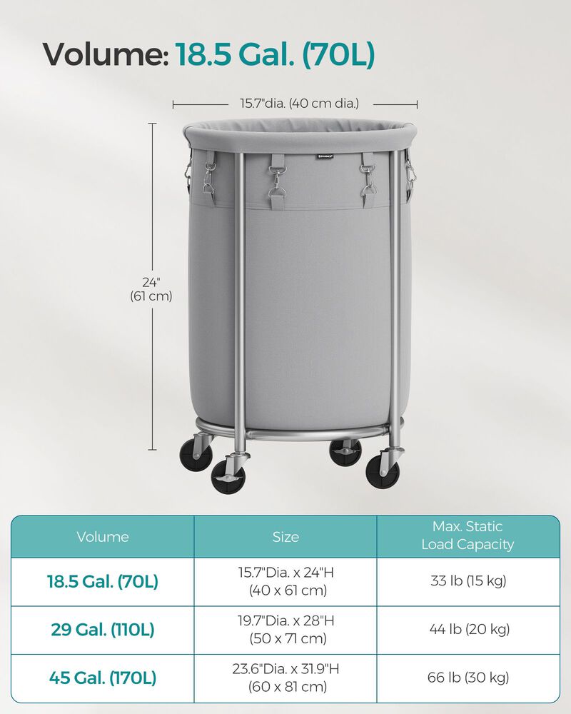 Laundry Basket with Wheels and Removable Bag, Steel Frame, 4 Casters and 2 Brakes