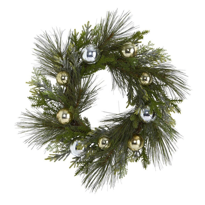 Nearly Natural 26-in Sparkling Pine Artificial Wreath with Decorative Ornaments