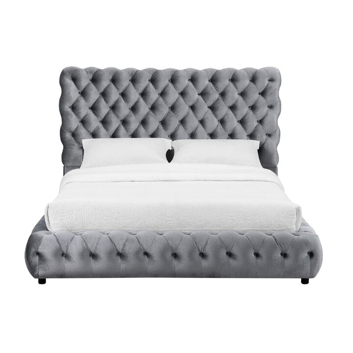Goy Queen Size Bed, Diamond Tufted Gray Velvet Upholstery, Low Profile