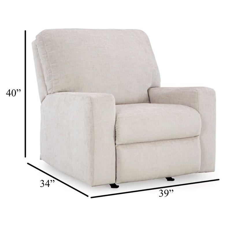 Avie Rocker Recliner Chair, Gentle Motion, White Ivory Polyester - Benzara