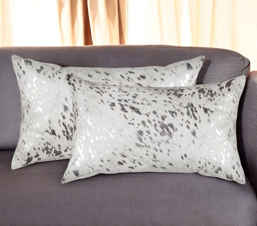 HomeRoots Set of Two 12" X 20" Gray and Silver Abstract Cowhide Lumbar Throw Pillows with Glitter