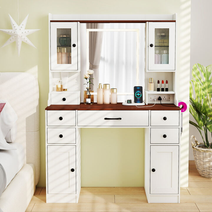 Vanity Dressing Table with Power Outlets and 3 Color Lighting Modes