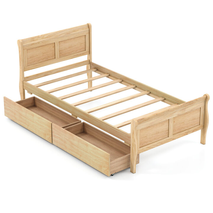 Twin Wooden Sleigh Platform Bed with 2 Under-Bed Storage Drawers