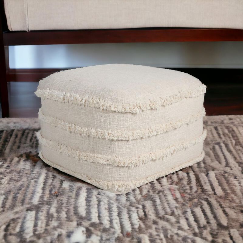 Hivvago 18 Inch Cream Cotton Tufted Cube Striped Pouf Ottoman