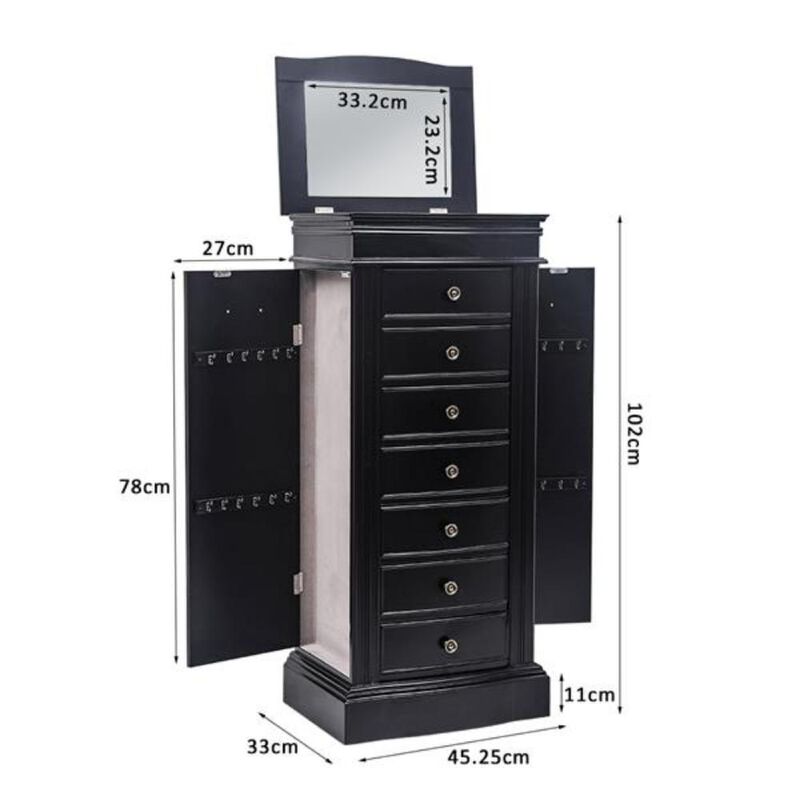 Jewelry Armoire with Mirror, 7 Drawers, 24 Necklace Hooks & 2 Side Swing Doors for Storage