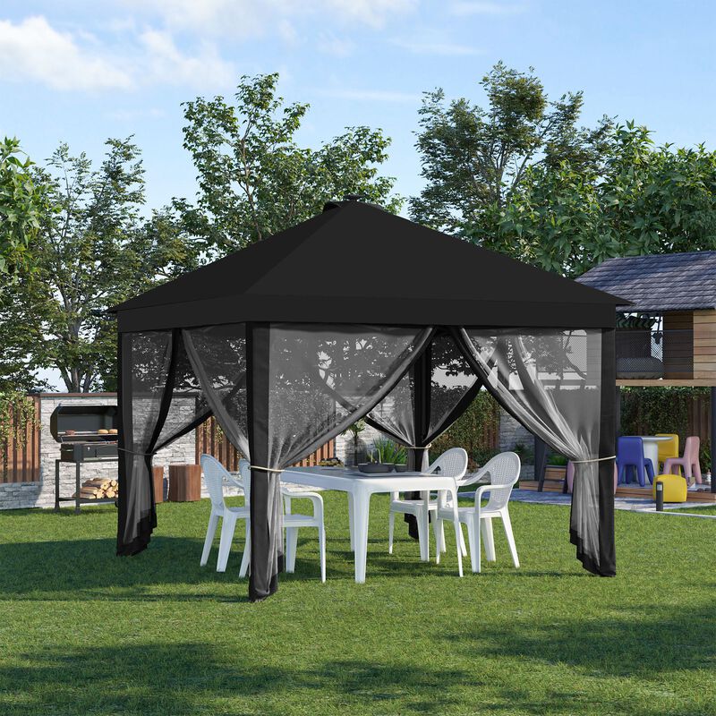 Outsunny 11' x 11' Pop Up Canopy, Instant Canopy Tent with Solar LED Lights, Remote Control, Zippered Mesh Sidewalls and Carrying Bag for Backyard Garden Patio, Black