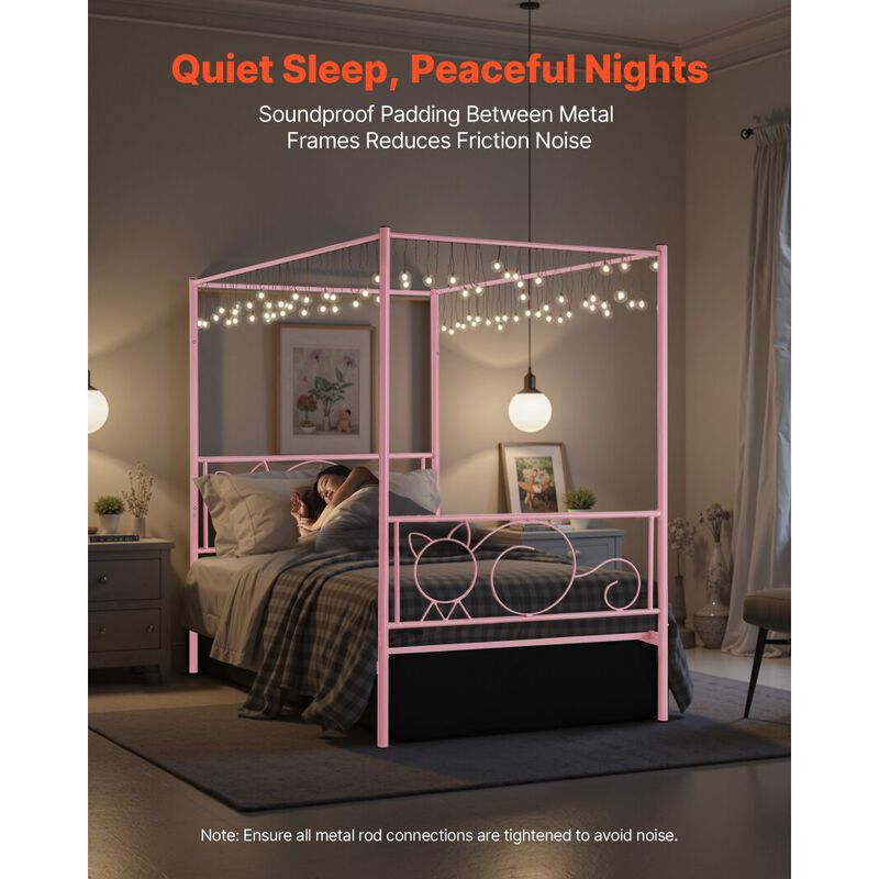 Twin Size Metal Canopy Bed Frame with Headboard, Heavy Duty Steel Slats - Pink image number 6