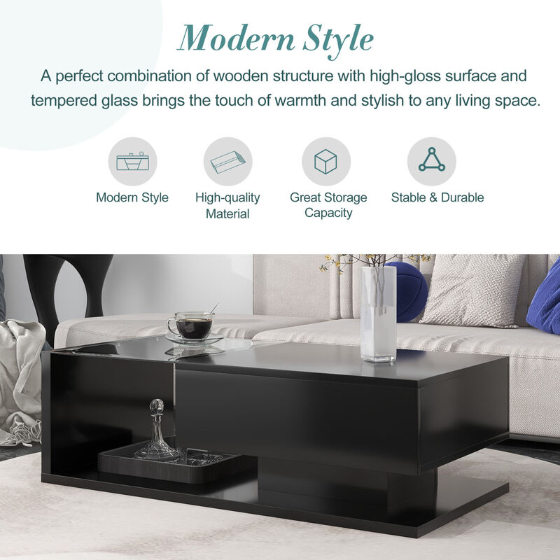 GOODSILO Modern White Coffee Table with Tempered Glass Top and Storage Drawer for Contemporary Living Room Decor image number 4